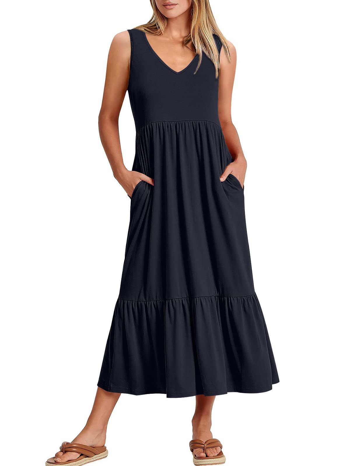 New Women's V Neck Layered Pocket Dress