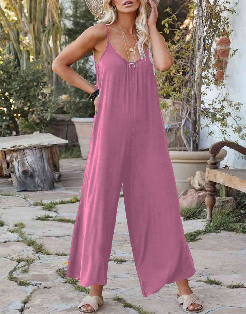 Sleeveless Spaghetti Strap Wide Leg Jumpsuits with Pockets