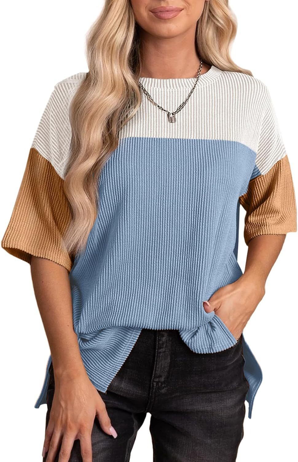  Color Block  Crewneck Knitted  T Shirts Tops