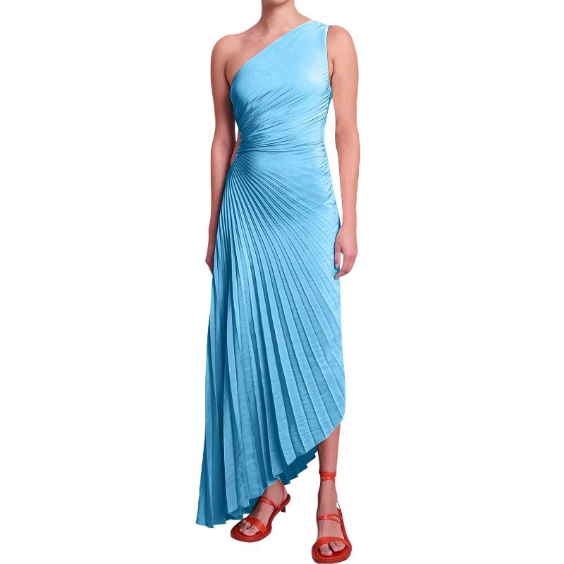New One-Shoulder Diagonal Satin Pleated Dress