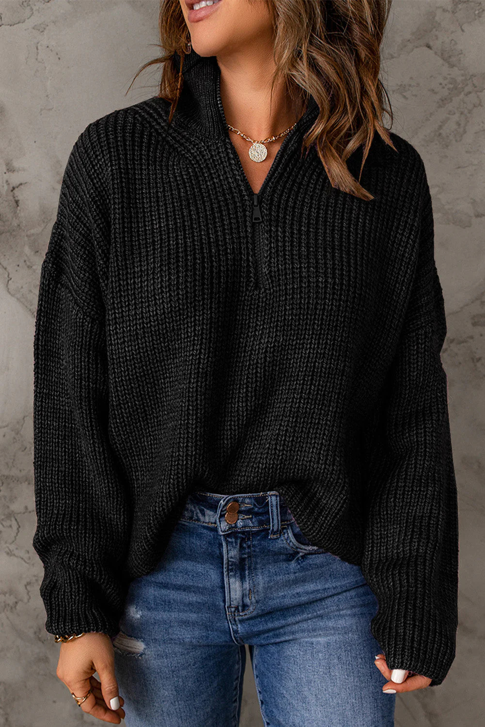 Half Zip Rib-Knit Dropped Shoulder Sweater (Final Days: Big Savings!!!)