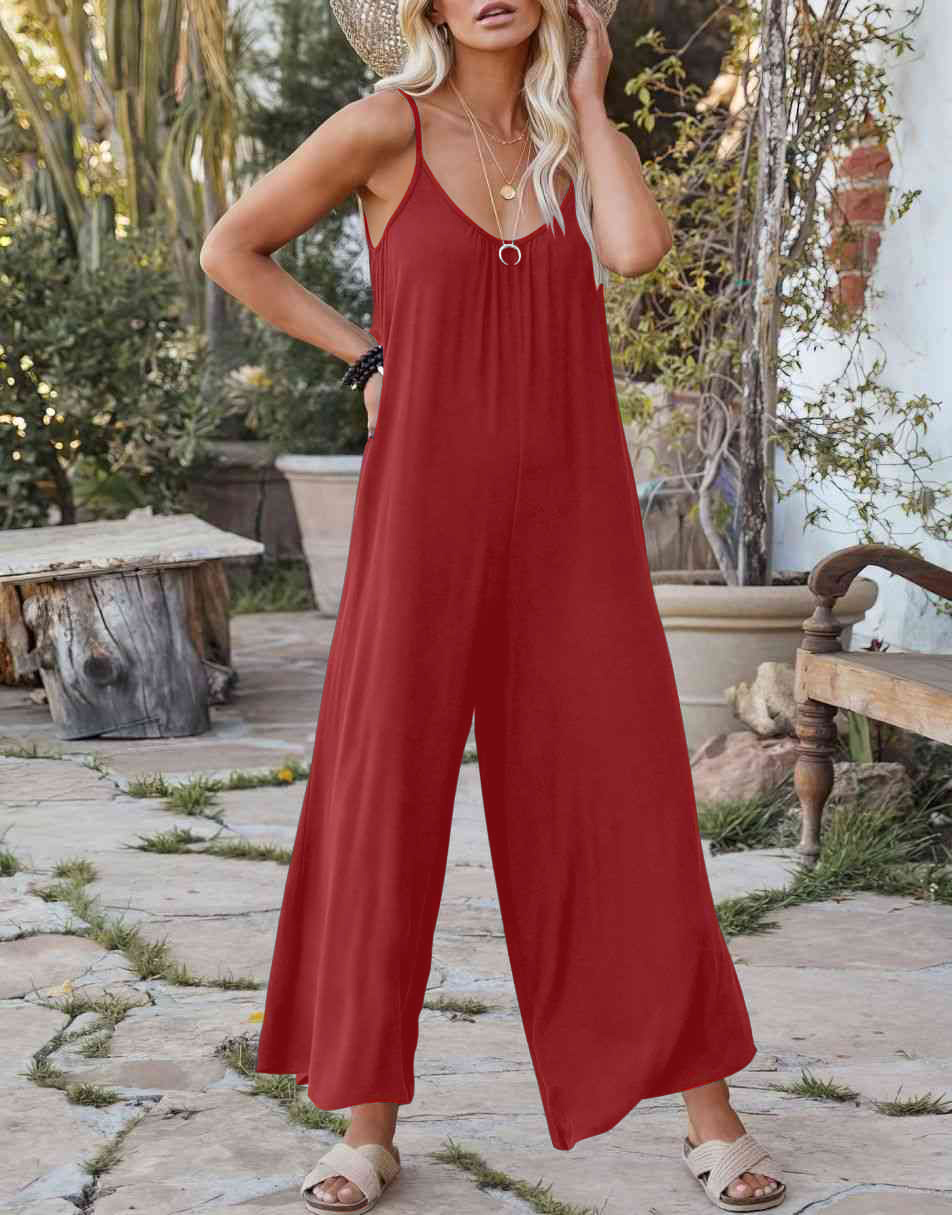Sleeveless Spaghetti Strap Wide Leg Jumpsuits with Pockets