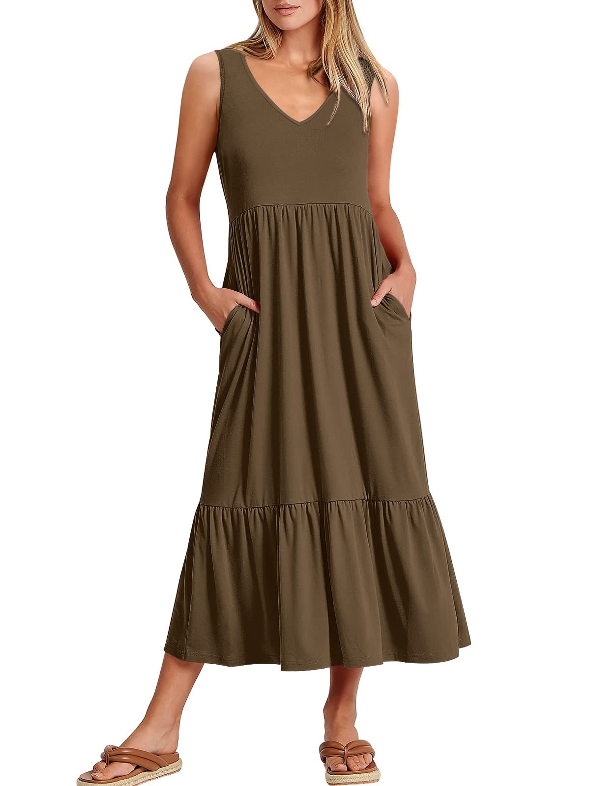 New Women's V Neck Layered Pocket Dress