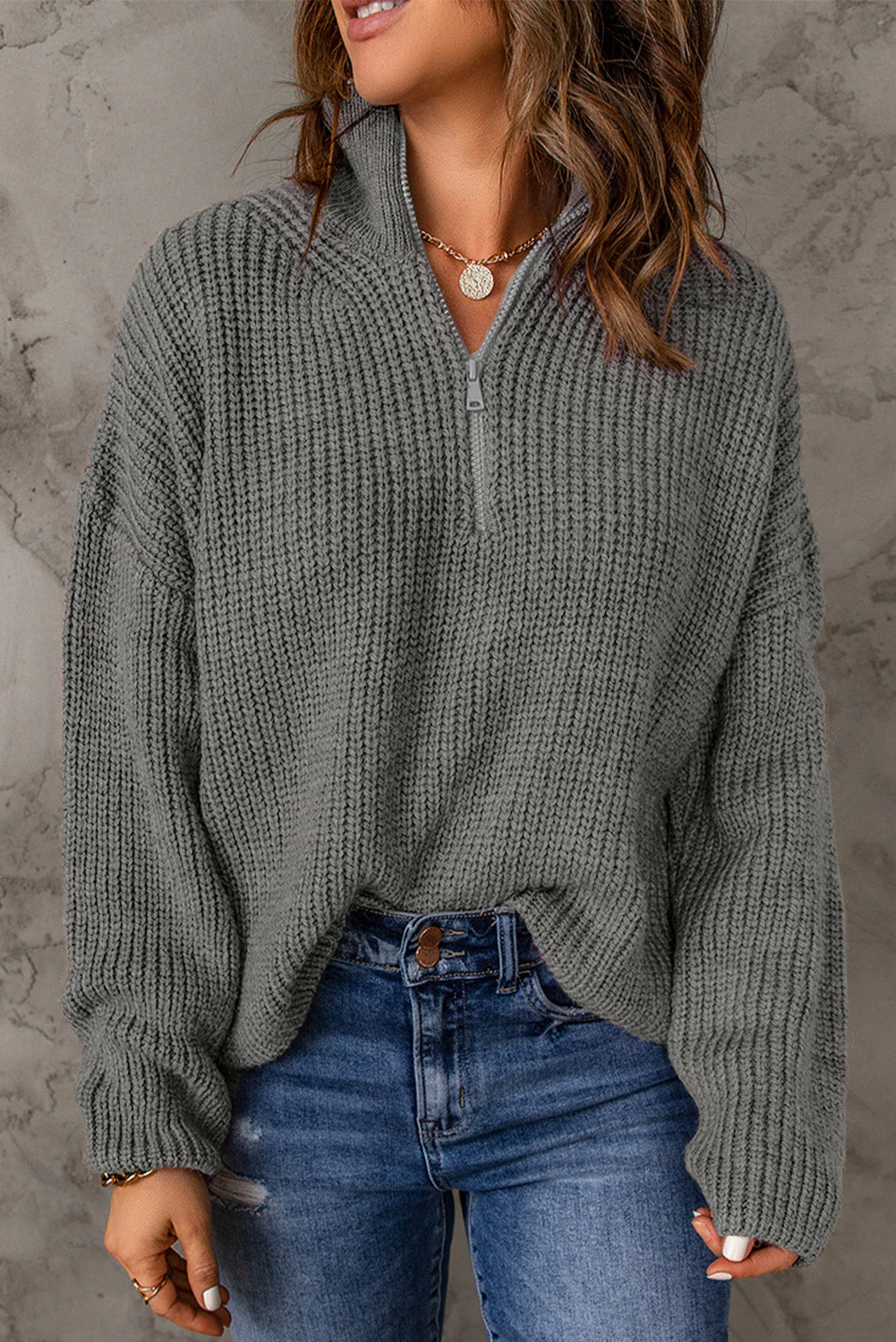 Half Zip Rib-Knit Dropped Shoulder Sweater (Final Days: Big Savings!!!)