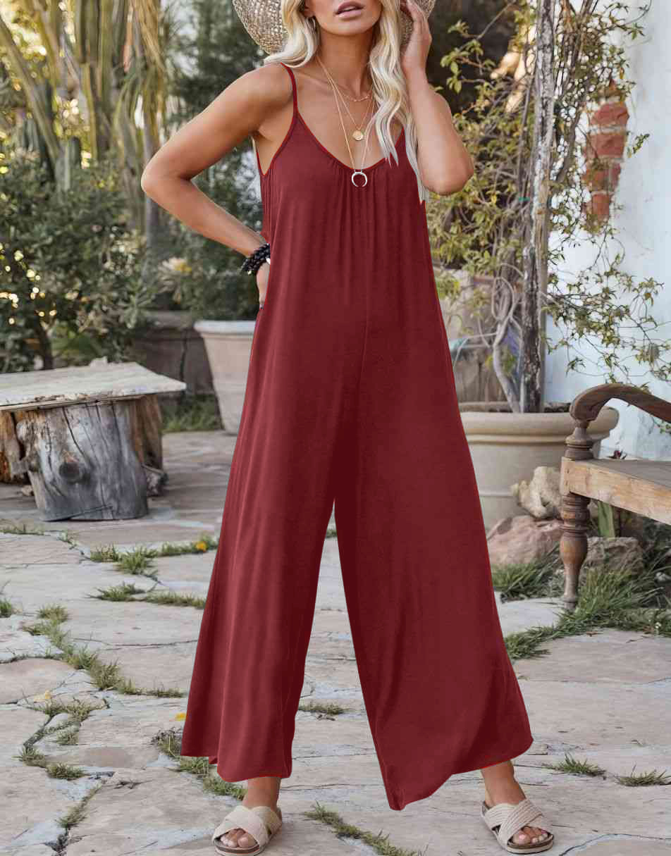 Sleeveless Spaghetti Strap Wide Leg Jumpsuits with Pockets