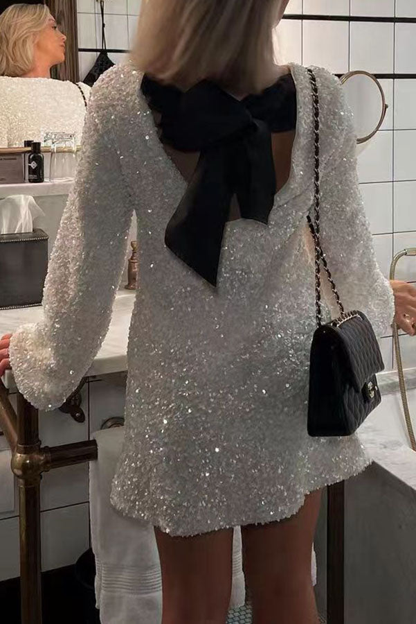 WOMEN'S SEQUIN BACK TIE UP BOW LOOSE MINI DRESS(BUY 2 FREE SHIPPING)