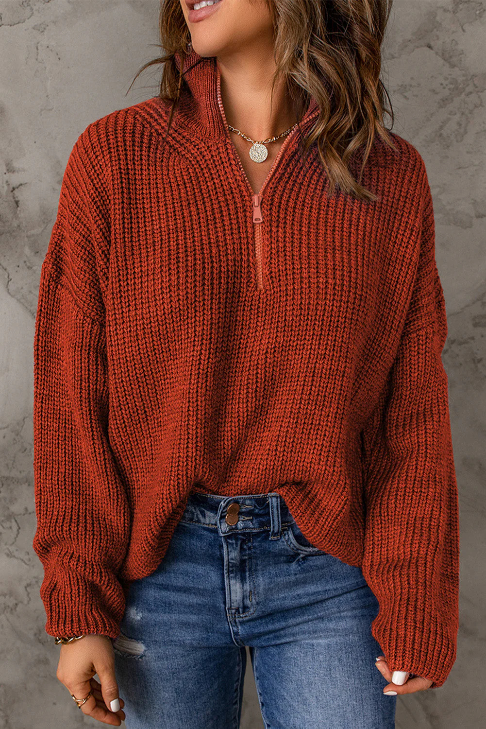 Half Zip Rib-Knit Dropped Shoulder Sweater (Final Days: Big Savings!!!)