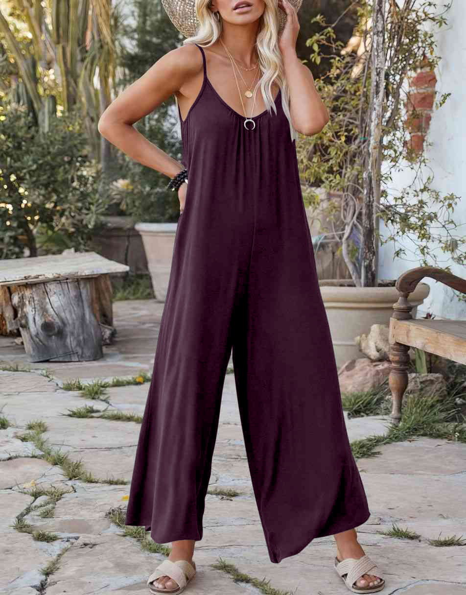 Sleeveless Spaghetti Strap Wide Leg Jumpsuits with Pockets