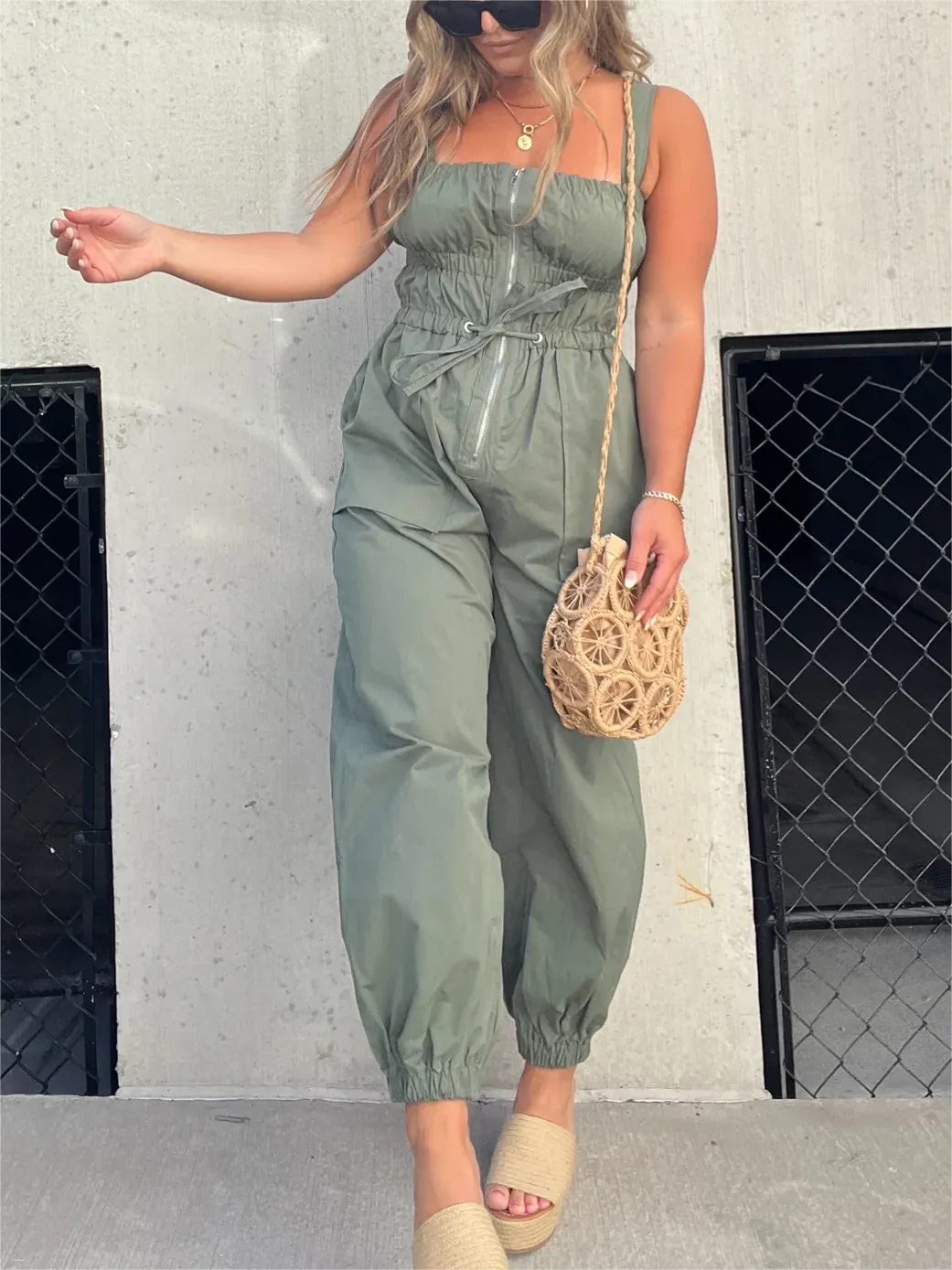 2023 New Gathered Elastic Front Zip Cargo Jumpsuit (Buy 2 Free Shipping)