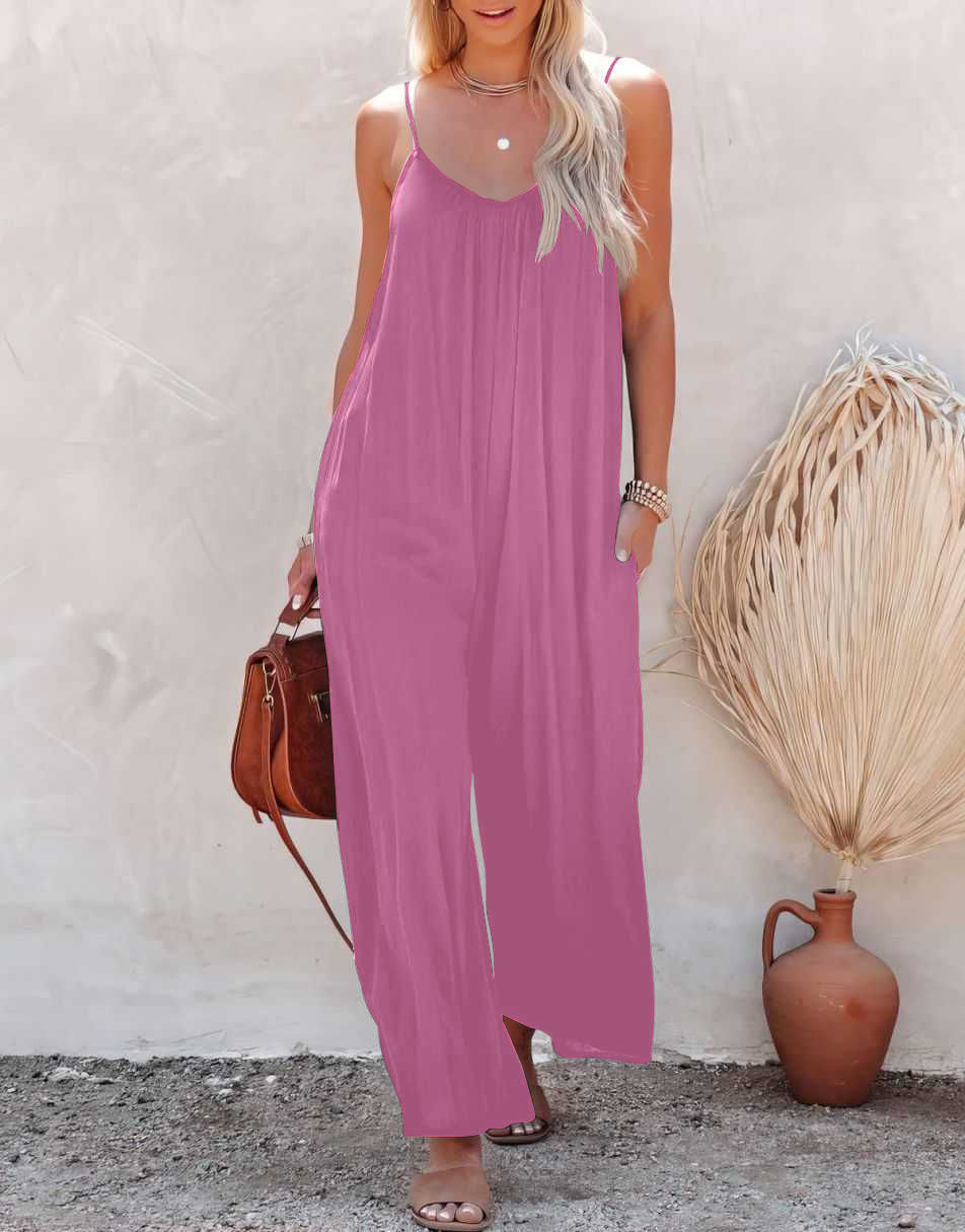 Sleeveless Spaghetti Strap Wide Leg Jumpsuits with Pockets