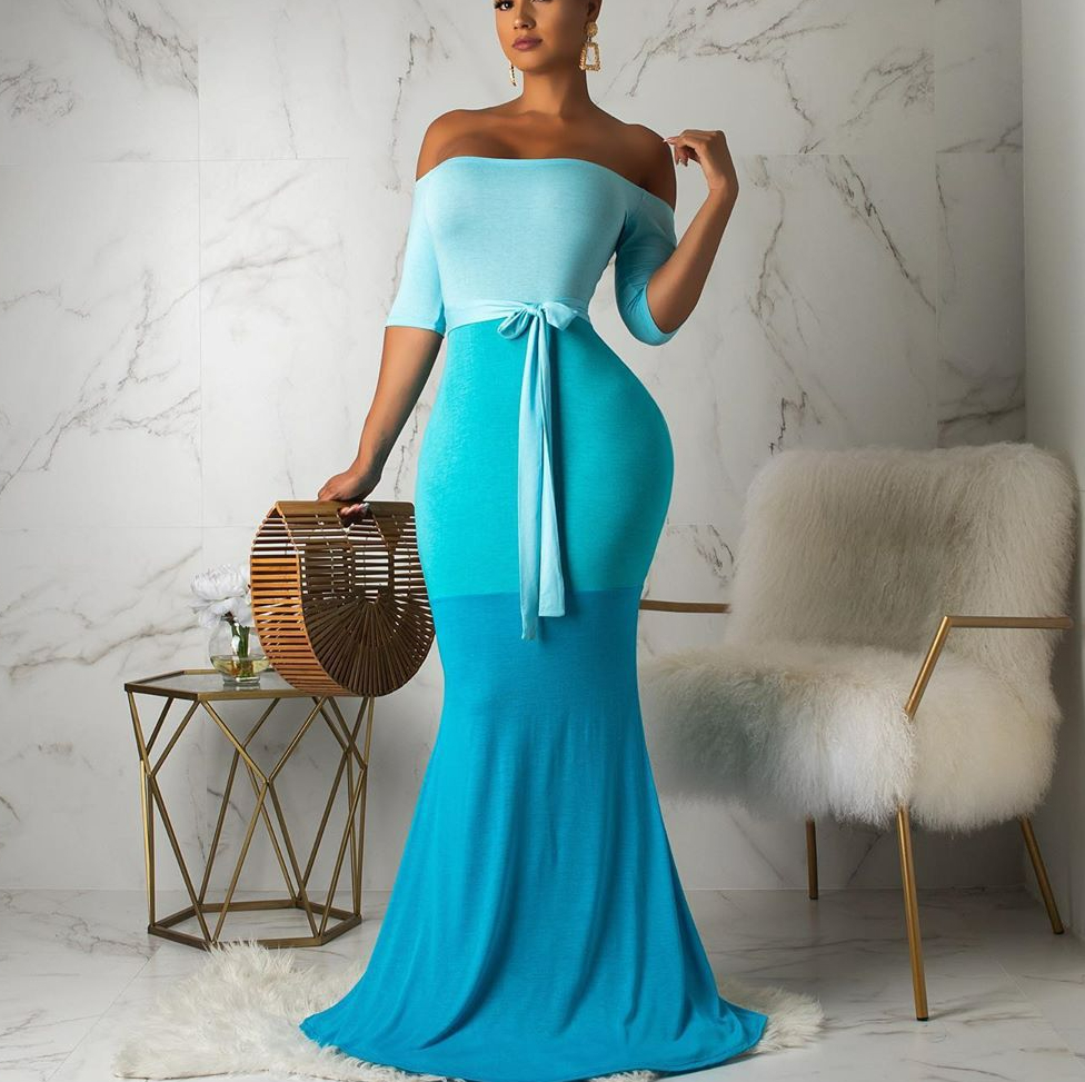 Women's Off Shoulder Bodycon Color Block Sexy Long Maxi Dress  (Buy 2 Free Shipping)