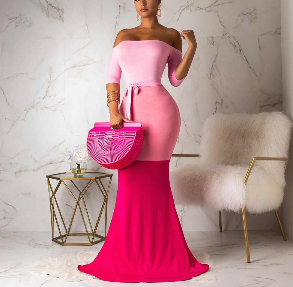 Women's Off Shoulder Bodycon Color Block Sexy Long Maxi Dress  (Buy 2 Free Shipping)