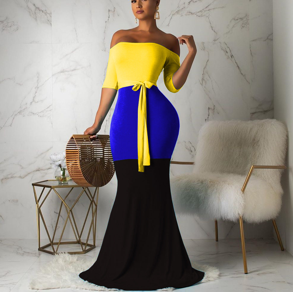 Women's Off Shoulder Bodycon Color Block Sexy Long Maxi Dress  (Buy 2 Free Shipping)