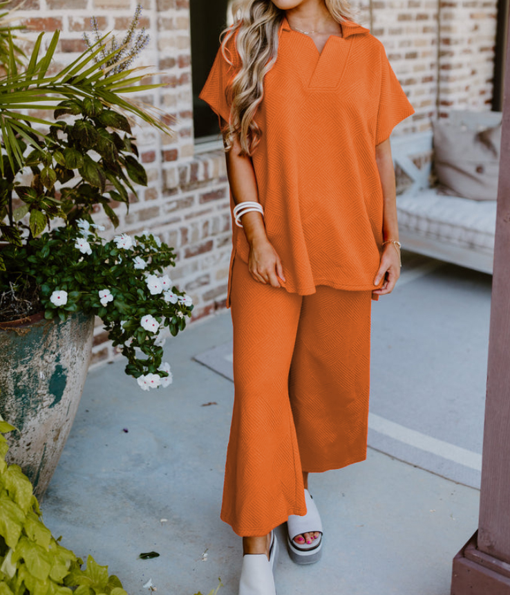 Women's Textured V NeckTop and Pants Casual Set (Buy 2 Free Shipping)