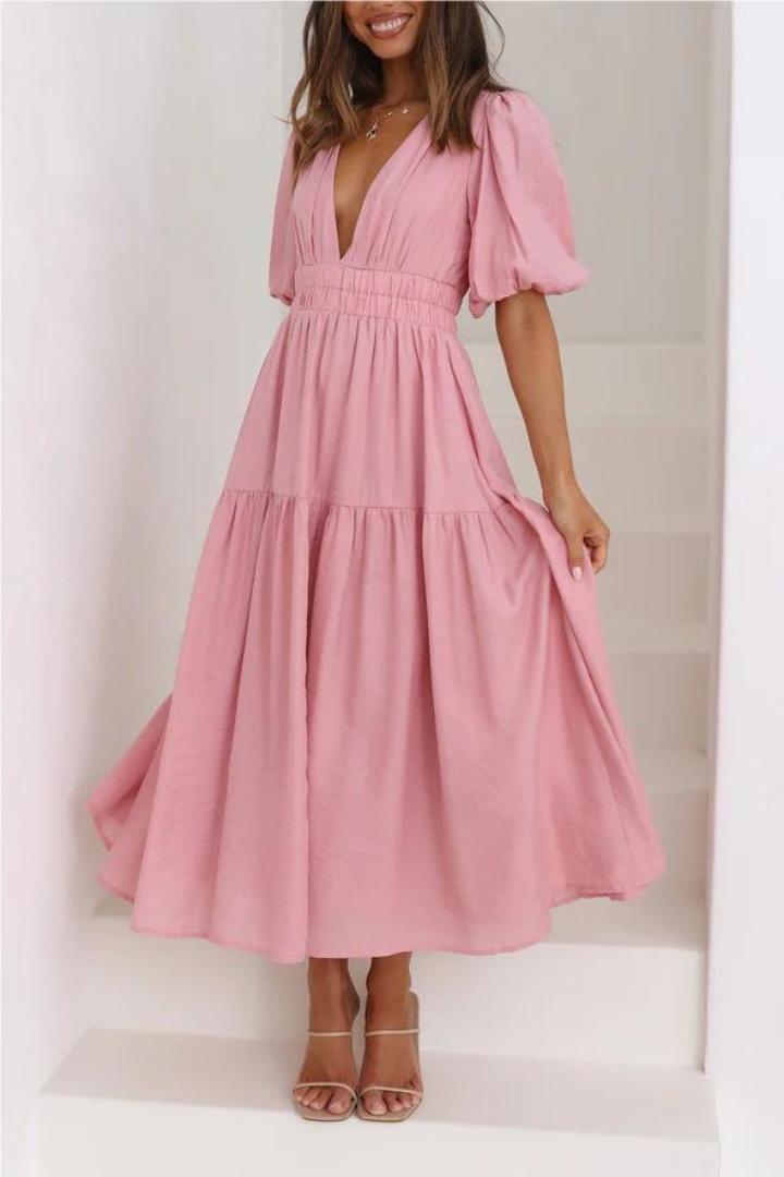 Summer Causal Dress Puff Sleeve A-line Flowy Tiered Midi Dresses(BUY 2 FREE SHIPPING)