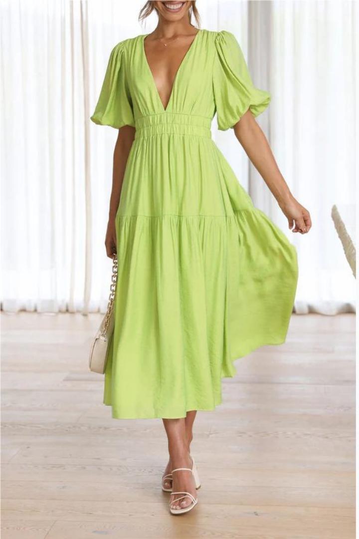 Summer Causal Dress Puff Sleeve A-line Flowy Tiered Midi Dresses(BUY 2 FREE SHIPPING)