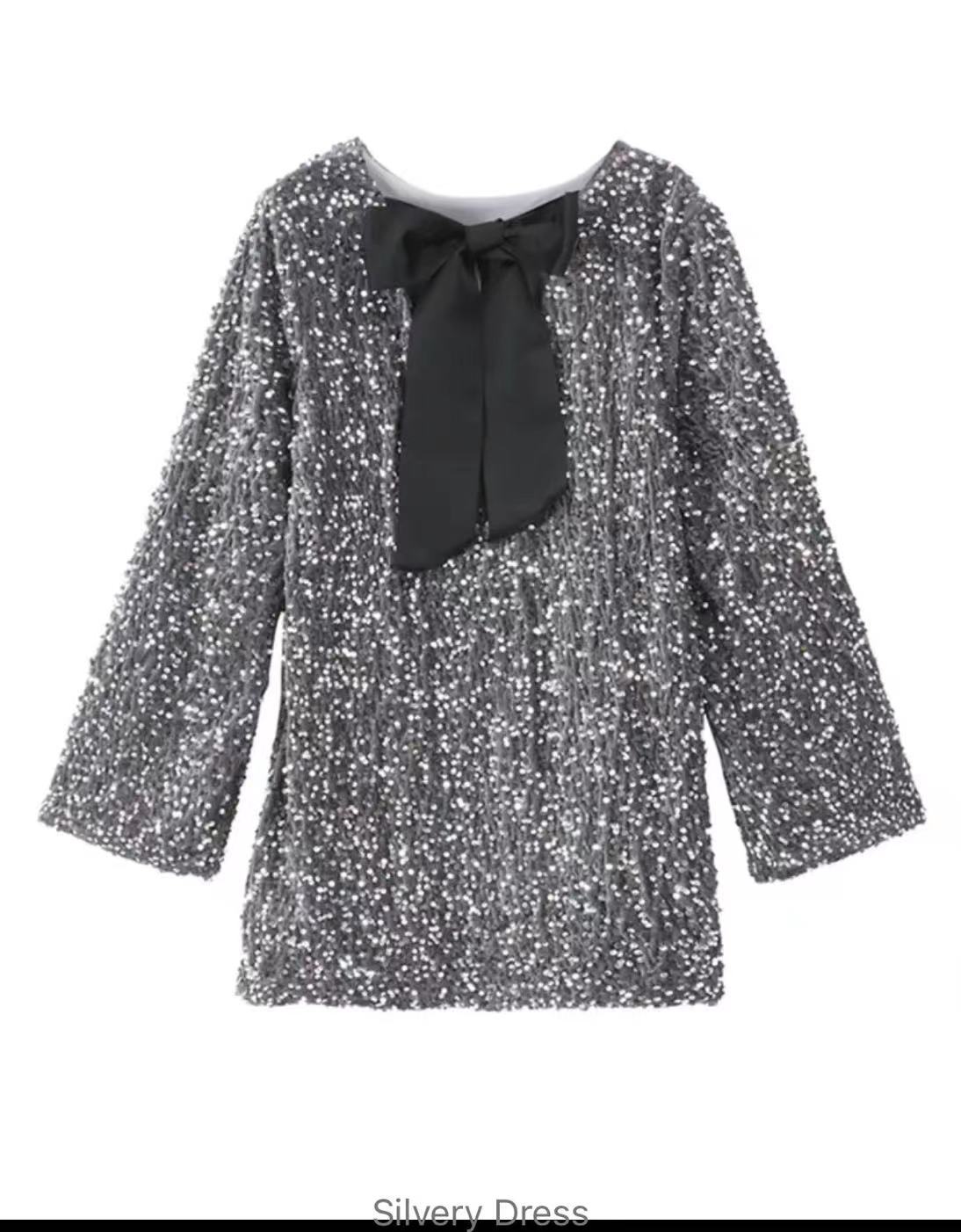 WOMEN'S SEQUIN BACK TIE UP BOW LOOSE MINI DRESS(BUY 2 FREE SHIPPING)