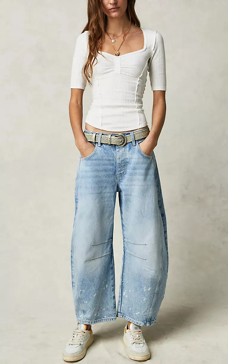 High Stretch Mid-Rise Barrel Jeans Fashion wide Leg Shape(Buy 2 Free Shipping)