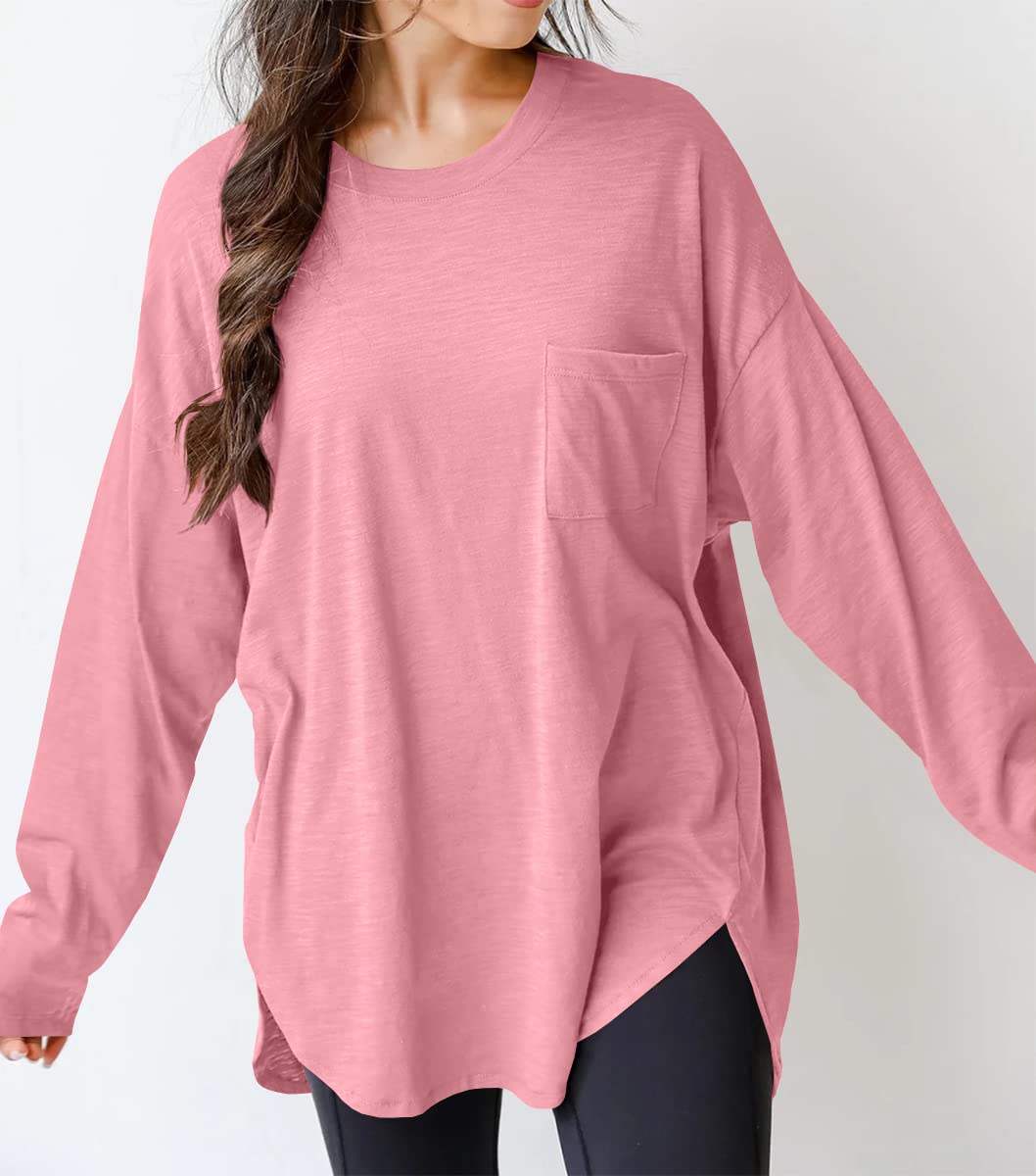 Cotton casual crew neck oversized long sleeve t-shirt top with pockets
