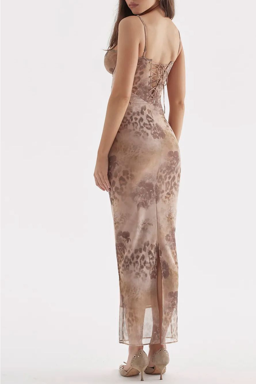 Lace Trim Vintage Print Slit Long Dress