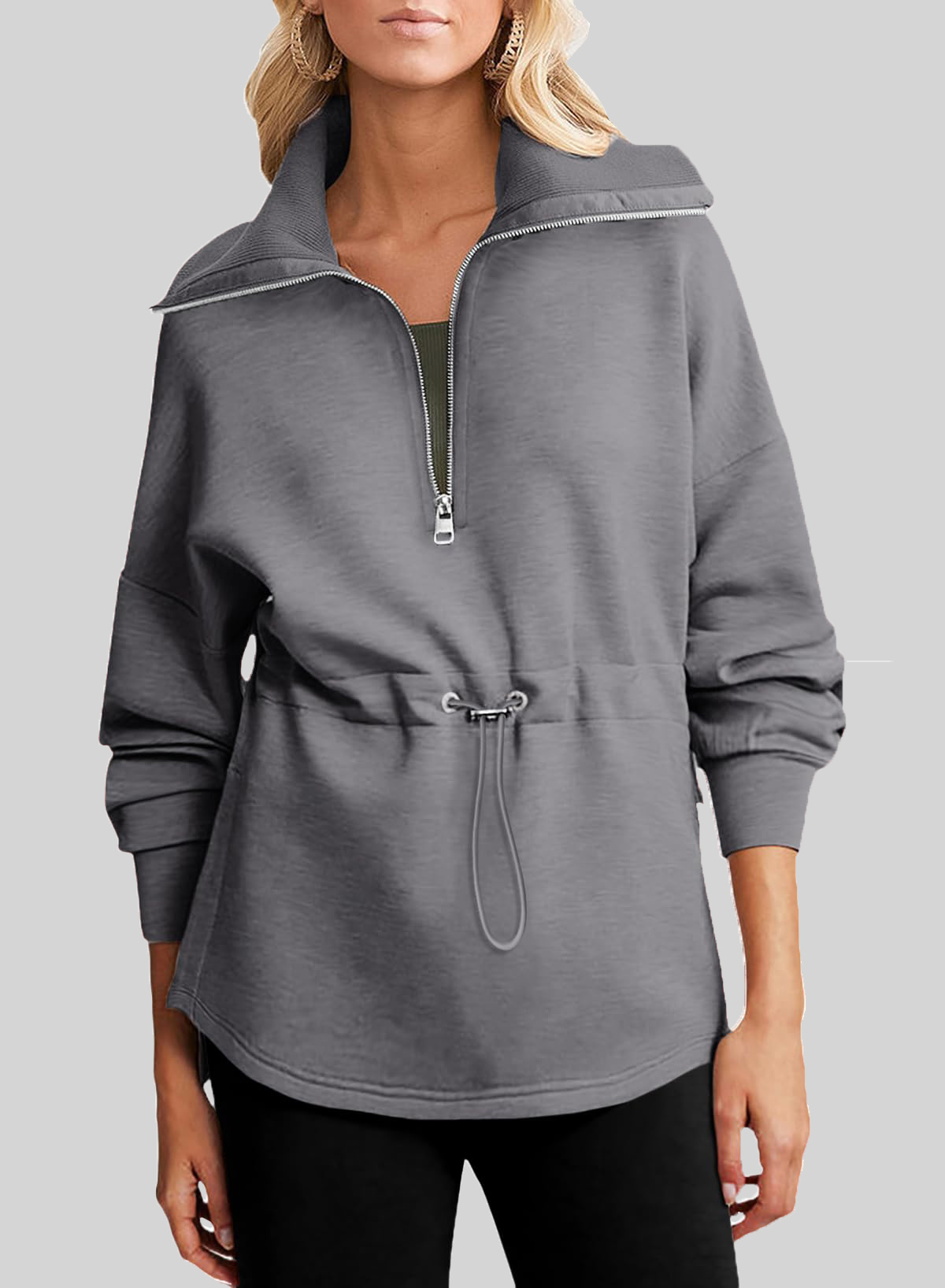 2024 New Women‘s Oversized Half Zip Drawstring Waist Sweatshirt(buy 2 10% OFF)