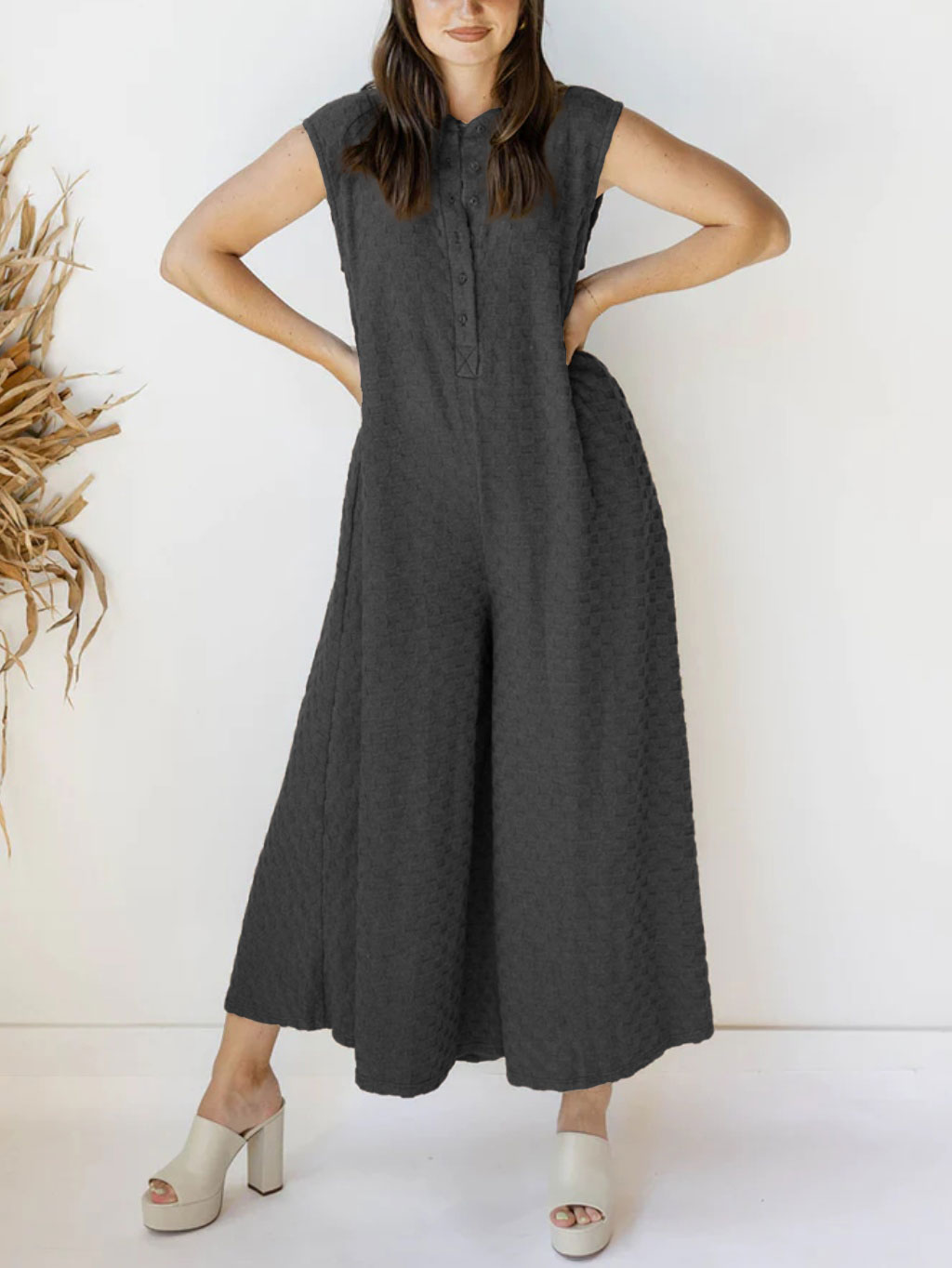 Plaid Button Loose Jumpsuit (Buy 2 Free Shipping)
