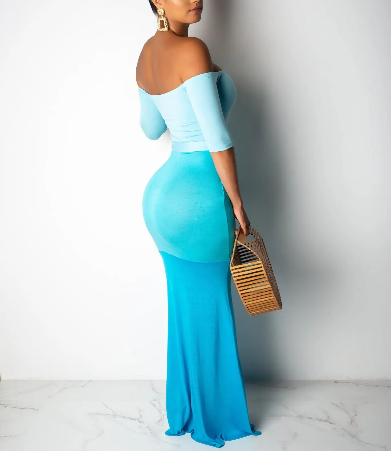 Women's Off Shoulder Bodycon Color Block Sexy Long Maxi Dress  (Buy 2 Free Shipping)