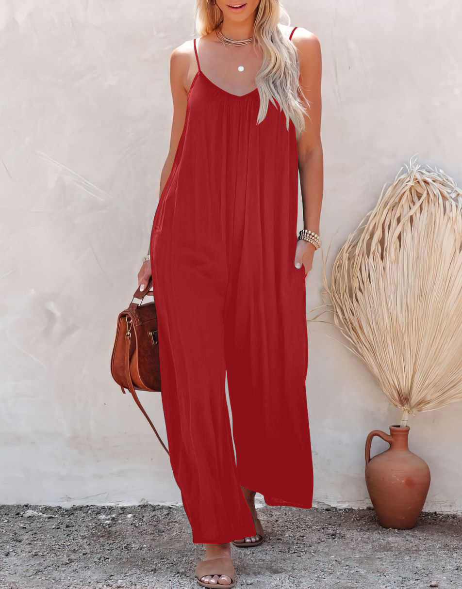 Sleeveless Spaghetti Strap Wide Leg Jumpsuits with Pockets