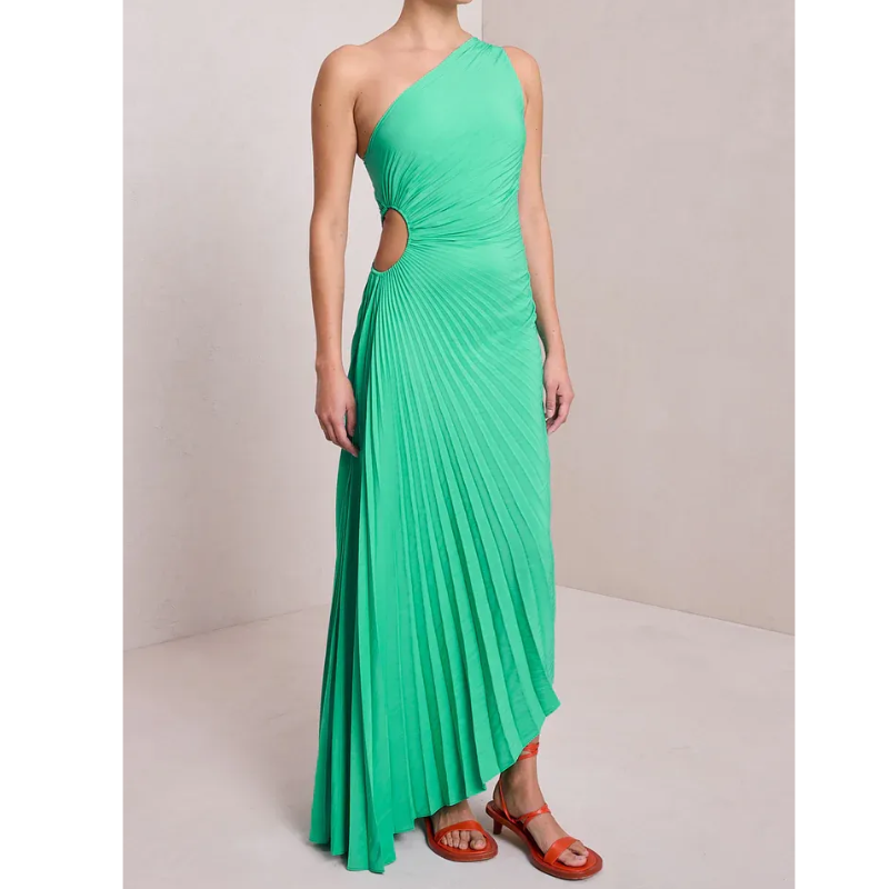 New One-Shoulder Diagonal Satin Pleated Dress
