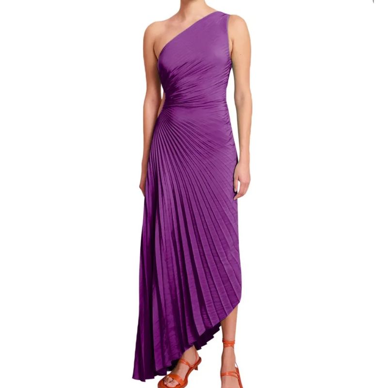 New One-Shoulder Diagonal Satin Pleated Dress
