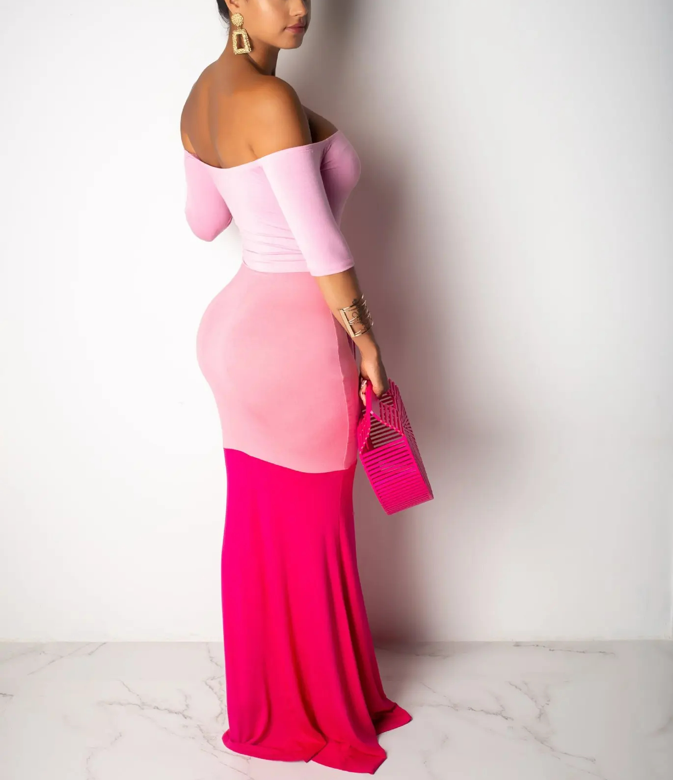 Women's Off Shoulder Bodycon Color Block Sexy Long Maxi Dress  (Buy 2 Free Shipping)
