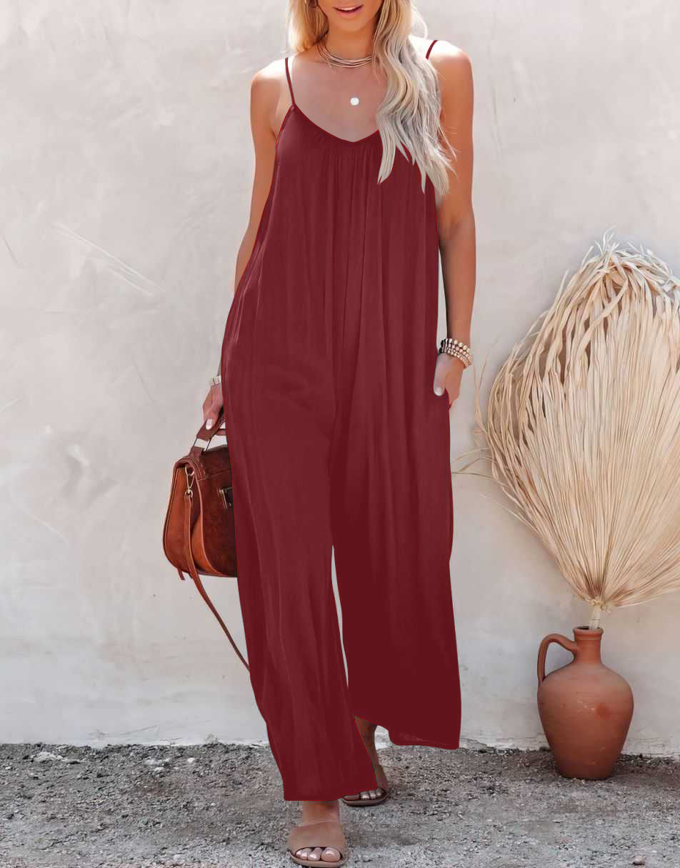 Sleeveless Spaghetti Strap Wide Leg Jumpsuits with Pockets