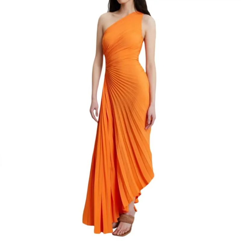 New One-Shoulder Diagonal Satin Pleated Dress
