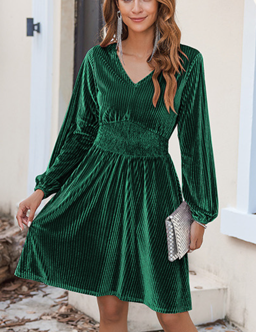 Women's Velvet V-neck Long Sleeve Stretch Mini Party Cocktail Flared Dress(buy 2 10% OFF)