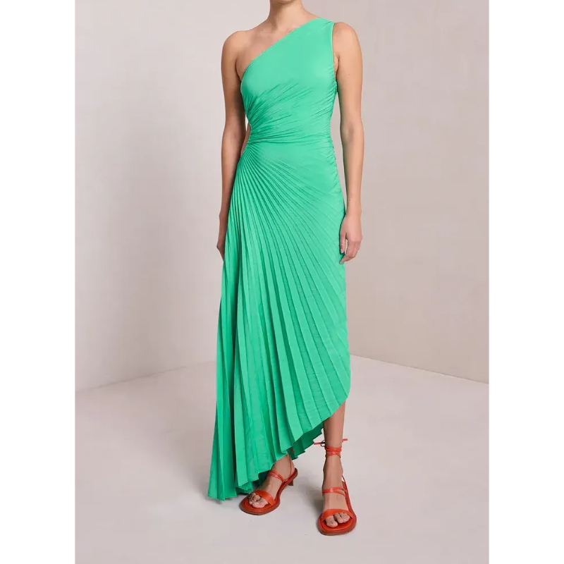 New One-Shoulder Diagonal Satin Pleated Dress