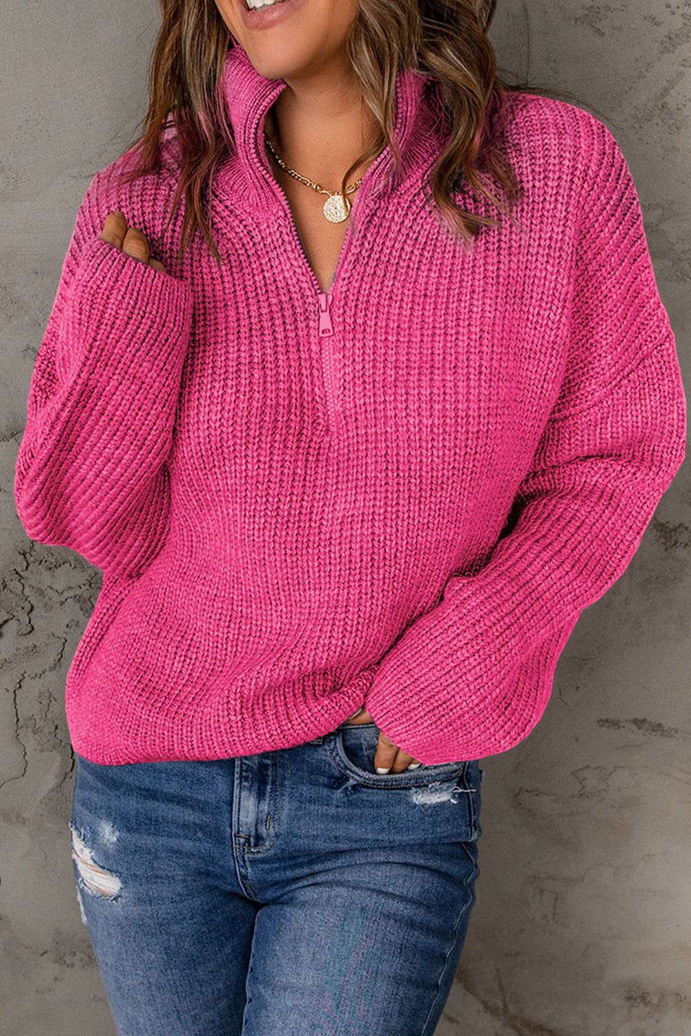 Half Zip Rib-Knit Dropped Shoulder Sweater (Final Days: Big Savings!!!)