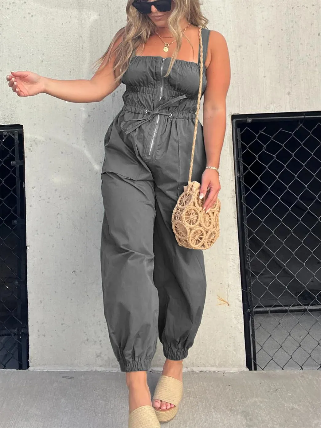 2023 New Gathered Elastic Front Zip Cargo Jumpsuit (Buy 2 Free Shipping)