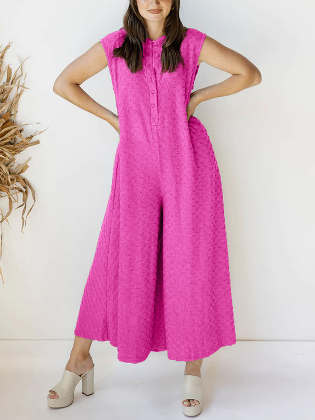 Plaid Button Loose Jumpsuit (Buy 2 Free Shipping)