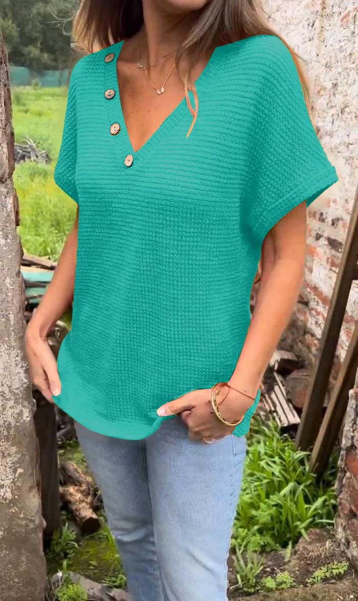 Women’s Waffle Grid Summer Short Sleeve V-Neck T-Shirt（Buy 2 Free Shipping）