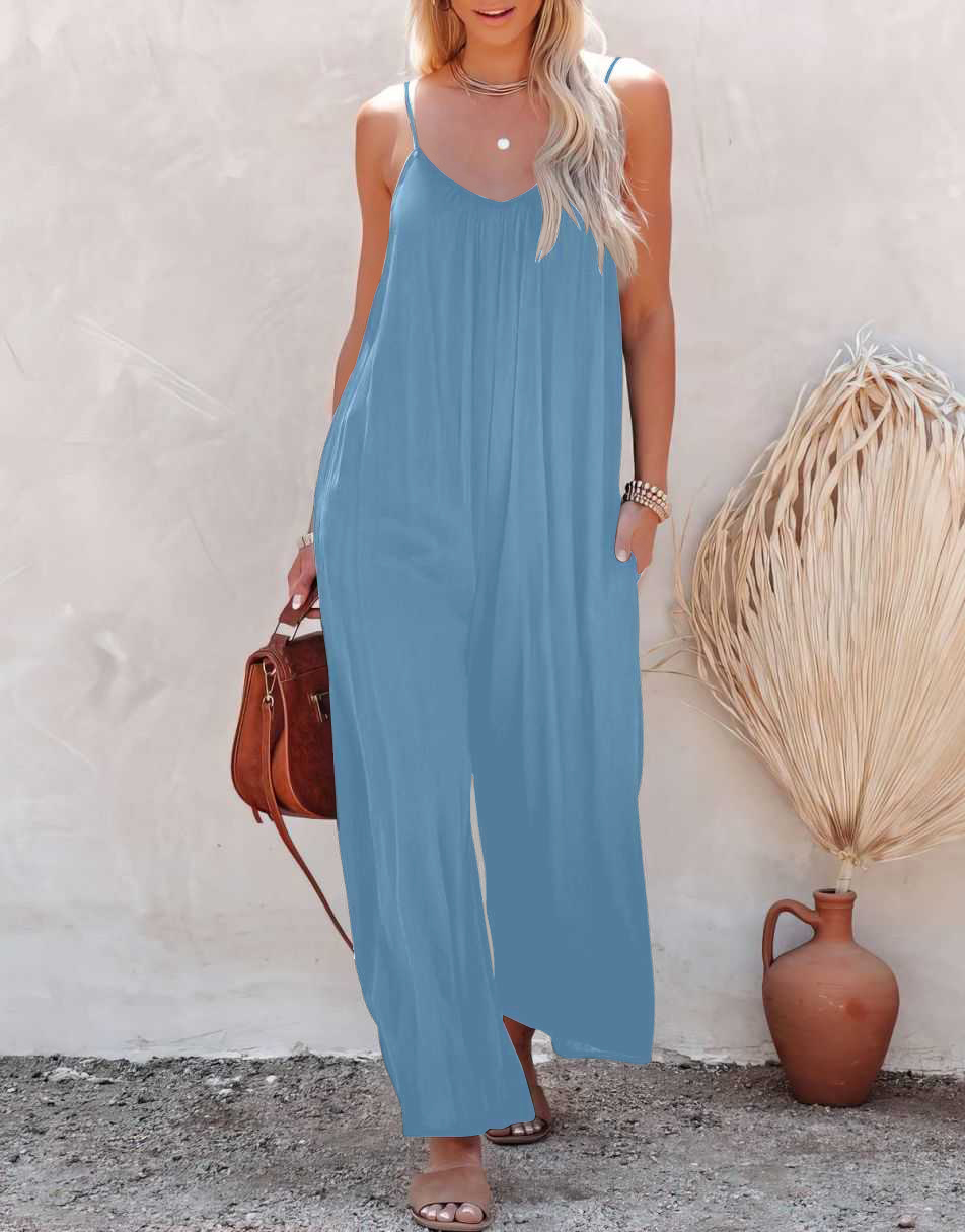 Sleeveless Spaghetti Strap Wide Leg Jumpsuits with Pockets
