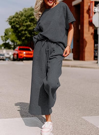 🔥HOT SALE-Women's Short Sleeve Wide Leg Pants Casual Suit
