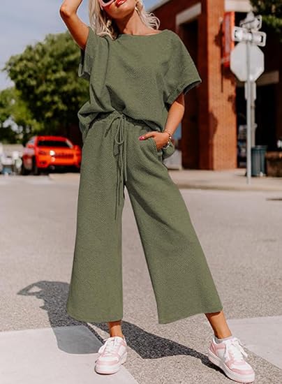 🔥HOT SALE-Women's Short Sleeve Wide Leg Pants Casual Suit