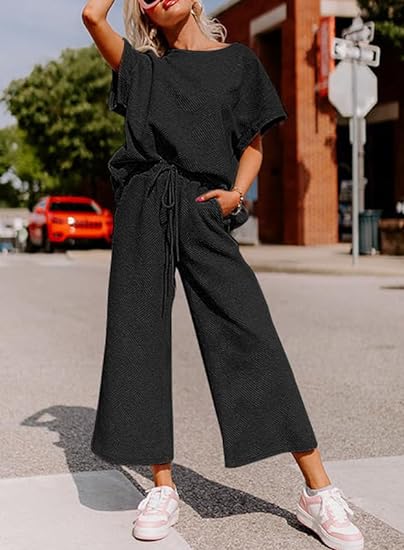 🔥HOT SALE-Women's Short Sleeve Wide Leg Pants Casual Suit