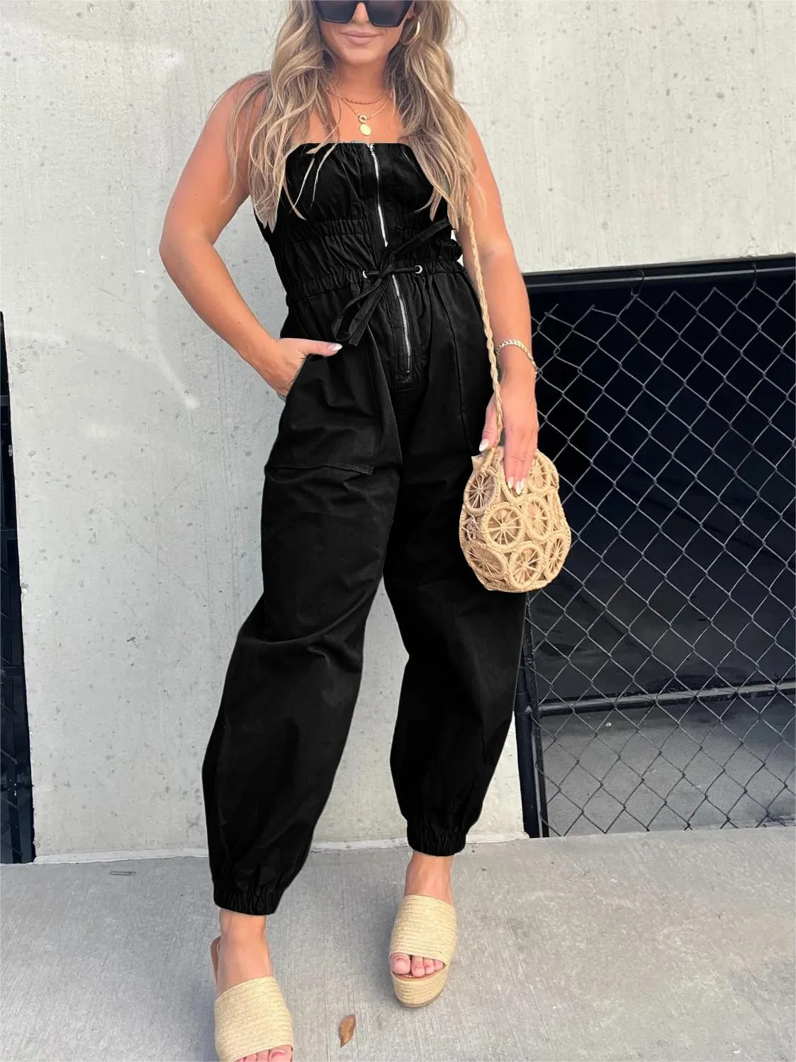 2023 New Gathered Elastic Front Zip Cargo Jumpsuit (Buy 2 Free Shipping)
