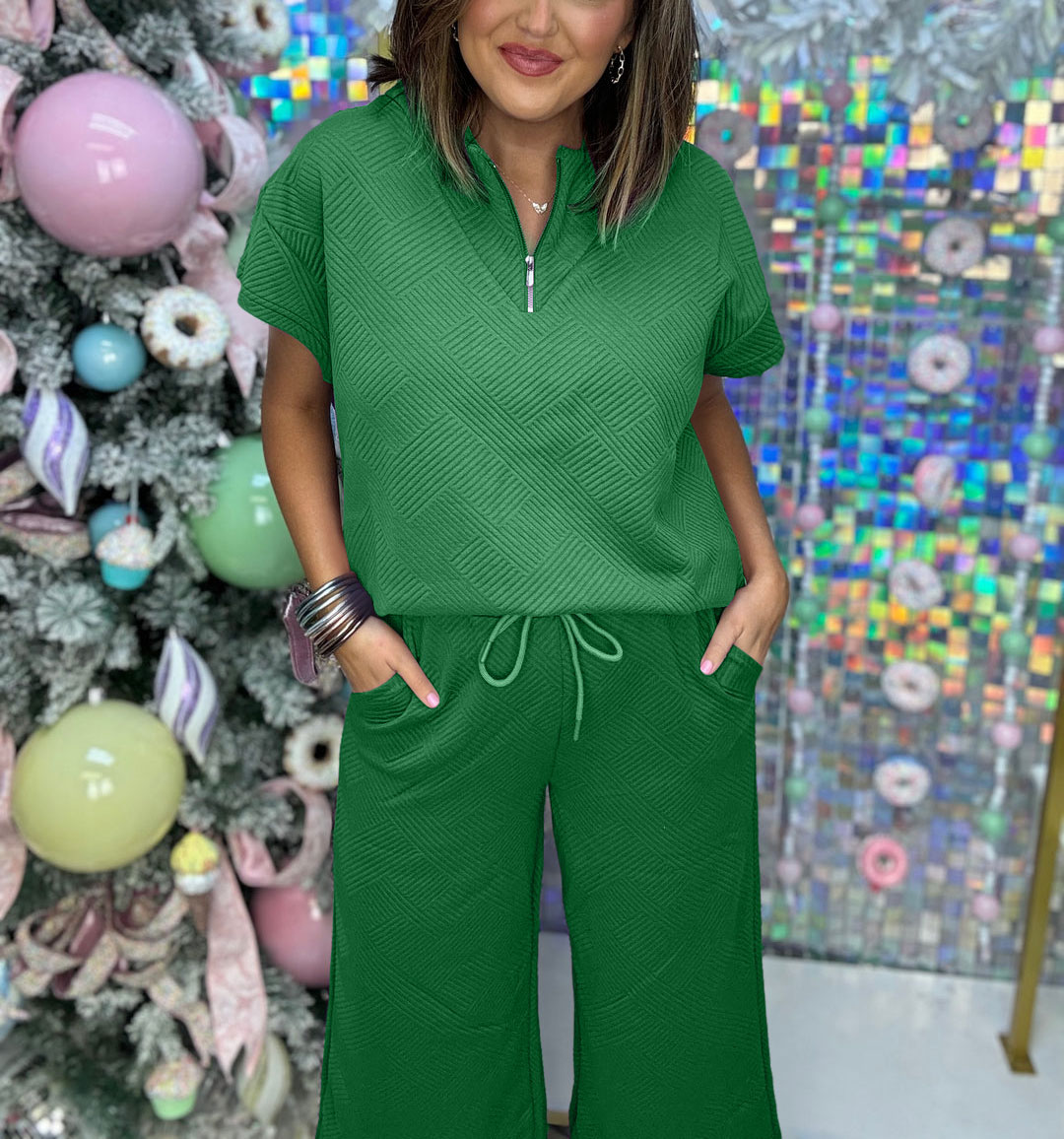 Women's Textured Loose Zip Top and Drawstring Pants Casual Set (Buy 2 Free Shipping)