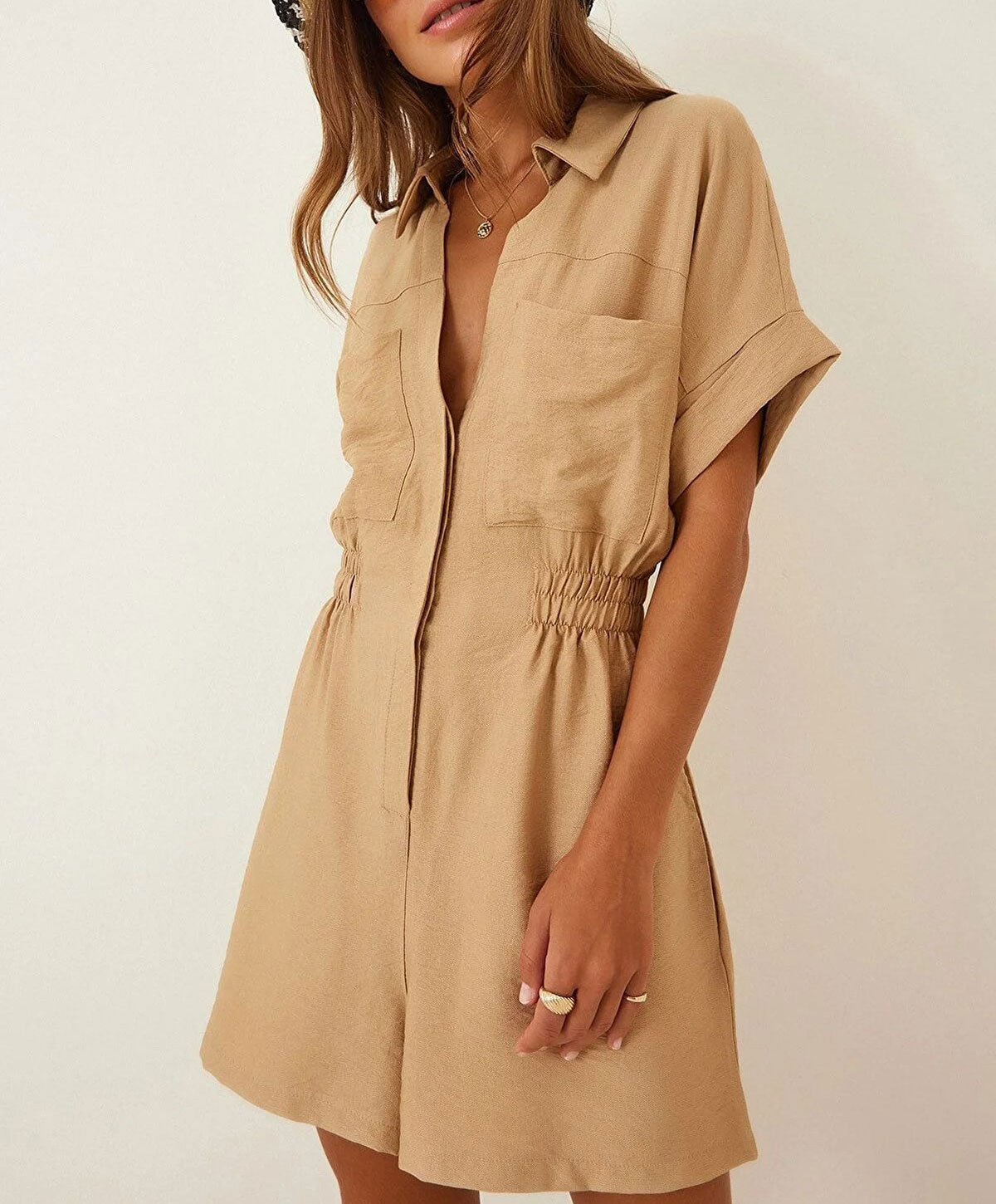 Summer  Button Down Elastic Waist With Pocket Rompers