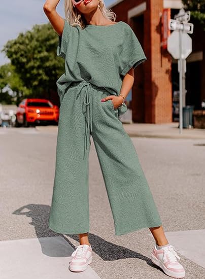 🔥HOT SALE-Women's Short Sleeve Wide Leg Pants Casual Suit