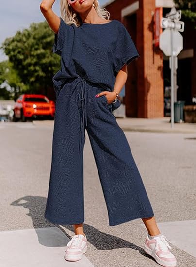 🔥HOT SALE-Women's Short Sleeve Wide Leg Pants Casual Suit