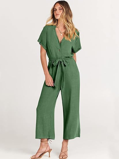 Women's Short Sleeve V-Neck Button Belt Jumpsuit