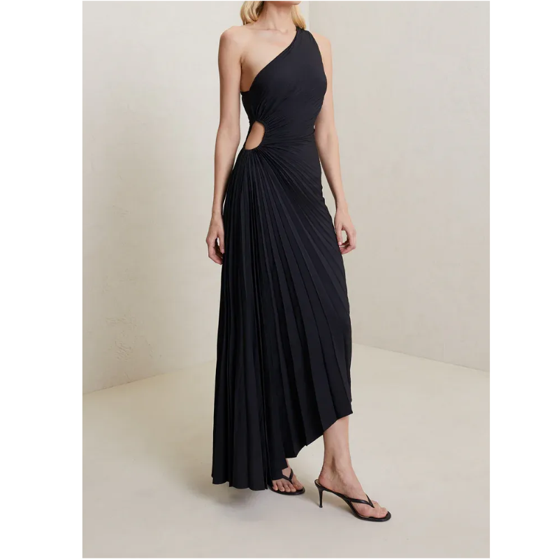 New One-Shoulder Diagonal Satin Pleated Dress